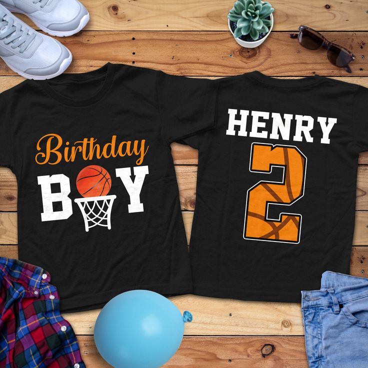 two matching birthday shirts with basketballs on them