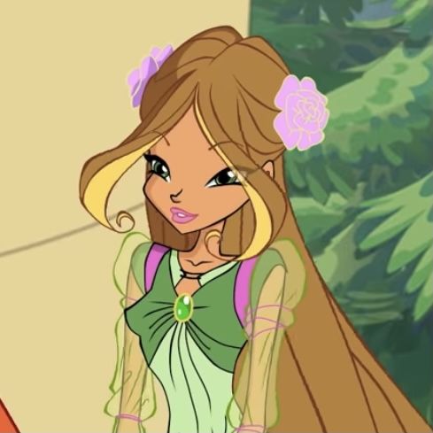 a cartoon girl with long hair wearing a green dress