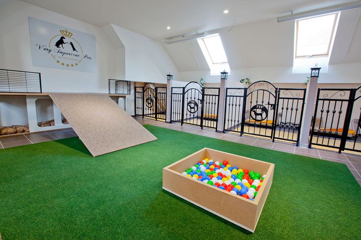 an indoor play area with artificial grass and toys in the box on the green floor