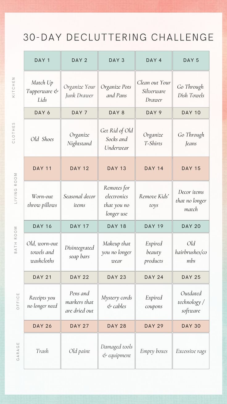 the 30 day decluttering challenge is shown in pink, blue and green