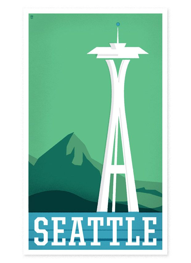 the seattle space needle logo is displayed on a wood paneled surface with color swatches