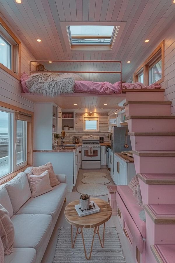 the interior of a tiny home with pink furniture