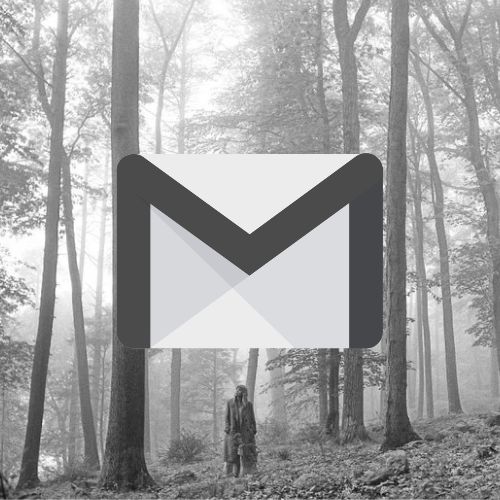 a man standing in the middle of a forest with an email envelope over his head