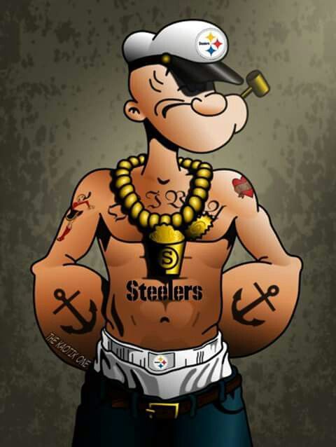 Popeye/Pittsburgh Steelers Popayee Cartoon, Popeye Tattoo, Steelers Images, Pittsburgh Steelers Funny, Pittsburgh Steelers Wallpaper, Popeye Cartoon, Popeye And Olive, Old Cartoon Characters, Popeye The Sailor Man