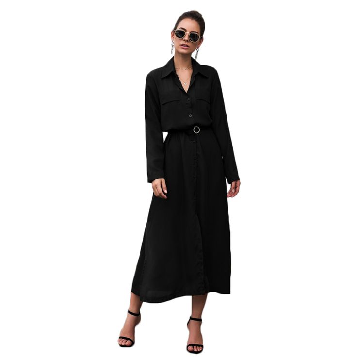 Black Button Down Split Maxi Shirt Dress Chic Black Dress With Lapel Collar, Black Shirt Dress With Button Cuffs For Work, Black Button-up Belted Shirt Dress, Black Office Dress With Lapel Collar, Black Button-up Shirt Dress For Work, Single Breasted Shirt Dress For Office, Black Belted Shirt Dress For Office, Black Midi Dress With Button Closure For Work, Workwear Solid Color Button-up Shirt Dress