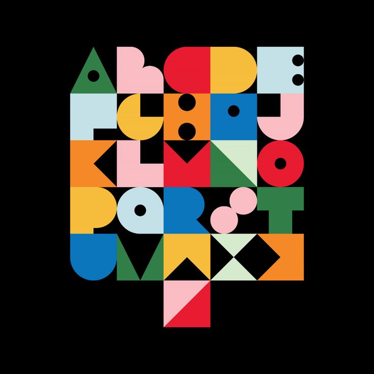 an abstract design with different colors and shapes on a black background, including the letters