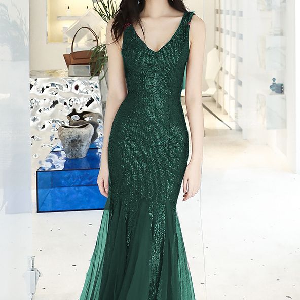 Green Mermaid Dress With Sweep Train, Elegant Formal Mermaid Sequin Dress, Mermaid Gown For Prom Season Night Out, Mermaid Gown For Prom Season And Night Out, Mermaid Gown For Prom Night, Mermaid Gown For Prom Night Out, Mermaid Gown For Prom Season, Elegant Sequin Prom Dress With Mermaid Hem, Elegant Sequin Mermaid Hem Dress For Prom