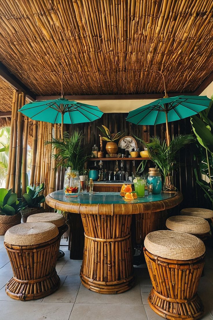 an outdoor bar with wicker stools and umbrellas