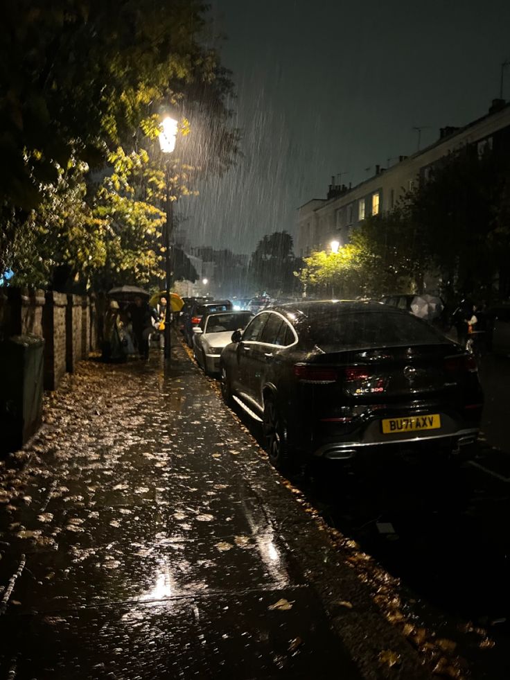 cars parked on the side of a street at night in the rain with lights shining