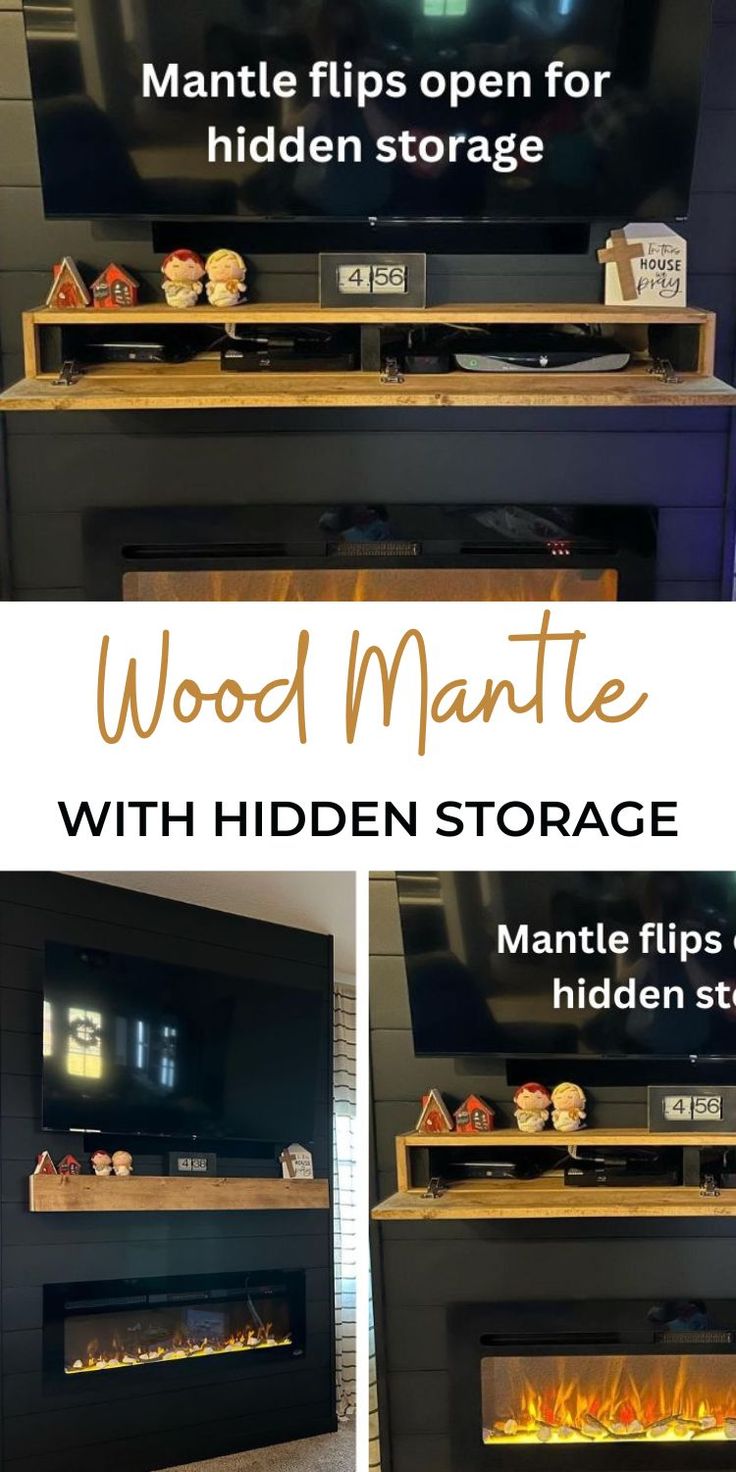 a fireplace with the words wood mantle with hidden storage above it and an image of a fire place