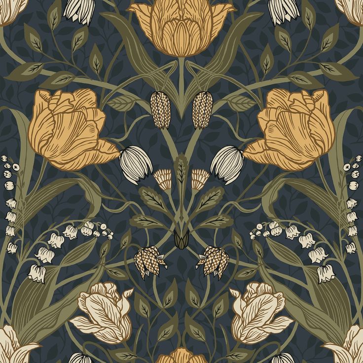 an ornate floral design with yellow flowers and green leaves on a dark, blue background