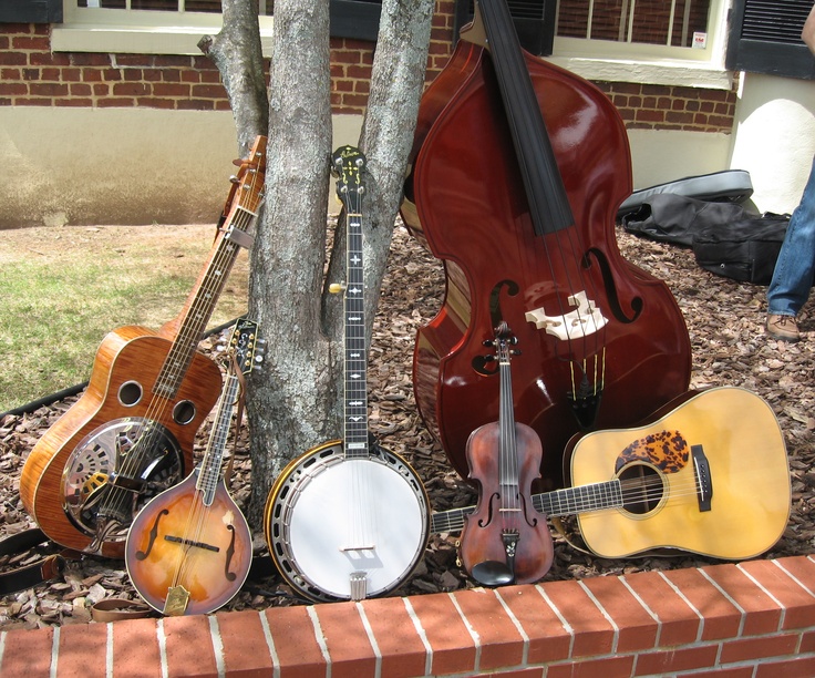 a group of musical instruments sitting on top of a brick wall next to a tree