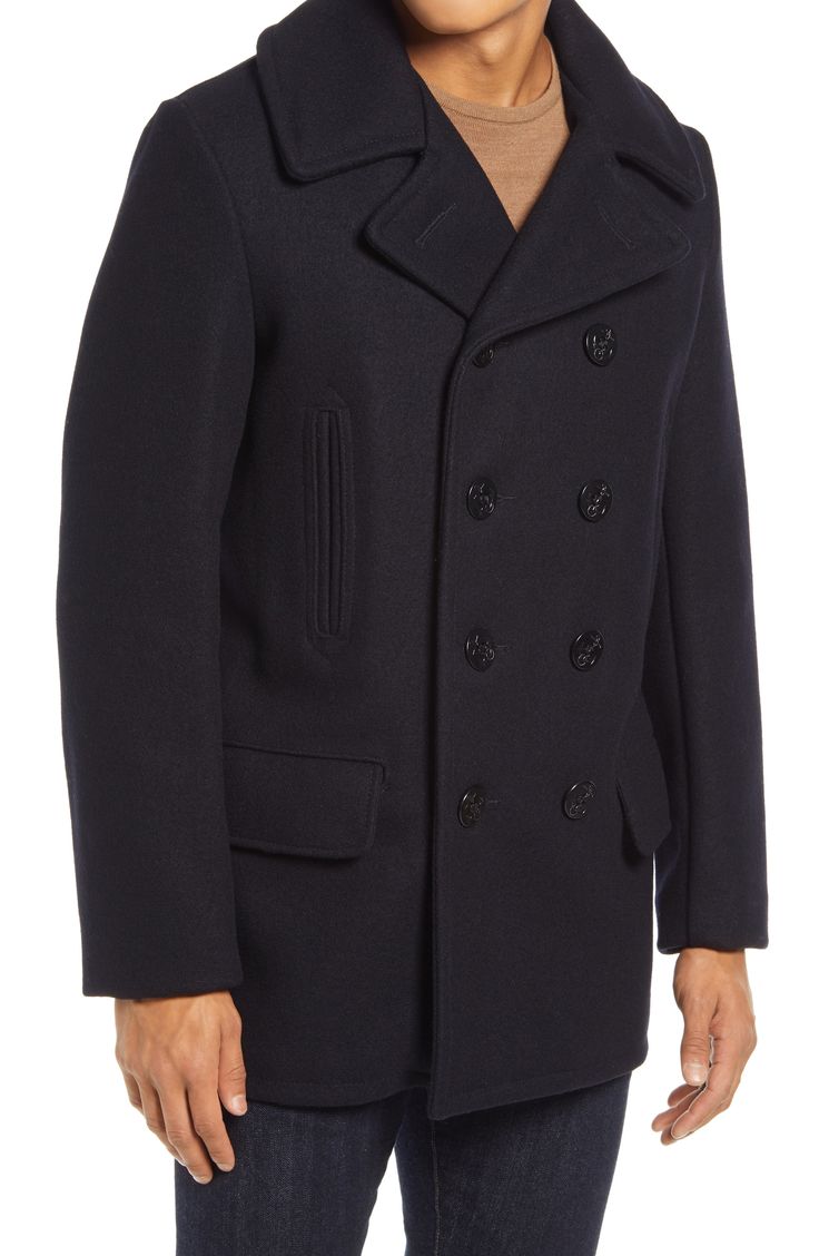 Double-breasted construction and wide lapels bring classic detailing to a peacoat crafted smartly from a wool blend that resists water and keeps in warmth. Style Name:Schott Nyc Melton Wool Blend Peacoat. Style Number: 6164343. Semi-formal Long Sleeve Double-breasted Peacoat, Navy Double-breasted Outerwear For Formal Occasions, Navy Double-breasted Formal Outerwear, Formal Navy Double-breasted Outerwear, Business Peacoat With Notch Lapel And Double-breasted Button, Business Peacoat With Double Button Closure And Long Sleeves, Business Long Sleeve Peacoat With Double Button Closure, Formal Navy Double-breasted Pea Coat, Formal Peacoat With Double Button Closure