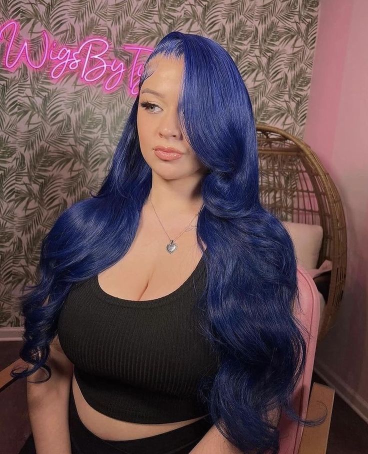 Black Wig With Peekaboo, Dark Blue Lace Front Wig, Blue Wig Install, Midnight Blue Wig, Navy Blue Wig, Royal Blue Wig, Skunk Stripe Curly Hair, Hairstyle Event, Dark Blue Wig