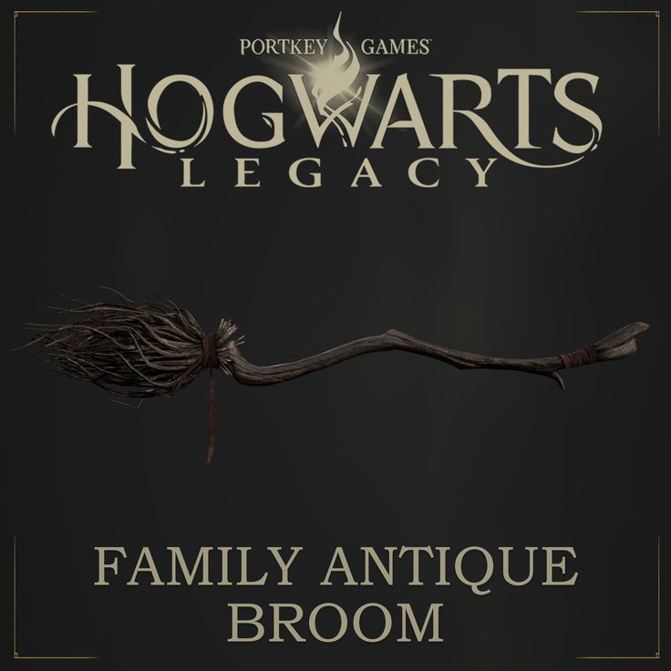 the hogwarts legacy family antique broom is shown in front of a black background