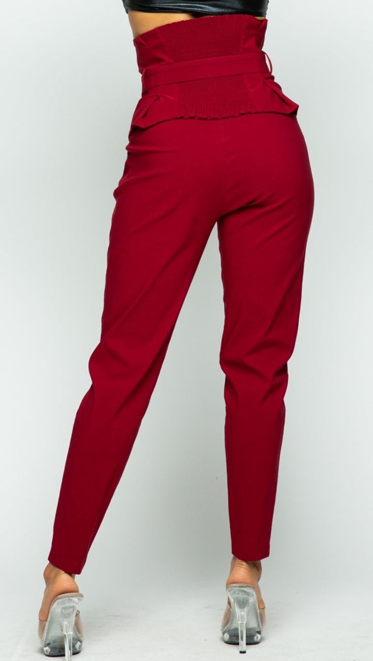 Burgundy High Waist Pants Belted Skinny Pants Pleated Stretch Zipper 70% RAYON 26% NYLON 4% SPANDEX Elastane Trousers With Pockets, Stretch Business Casual Pants, Trendy Non-stretch Tapered Leg Bottoms, Chic Solid Color Tapered Leg Bottoms, Ankle-length Elastane Pants With Pockets, Trendy Non-stretch Tapered Leg Pants, Trendy Workwear Bottoms With Elastic Waistband, Business Casual Straight Elastane Pants, Business Casual Straight Pants In Elastane