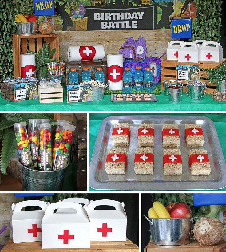 a collage of photos with food and decorations on it, including an ambulance themed birthday party