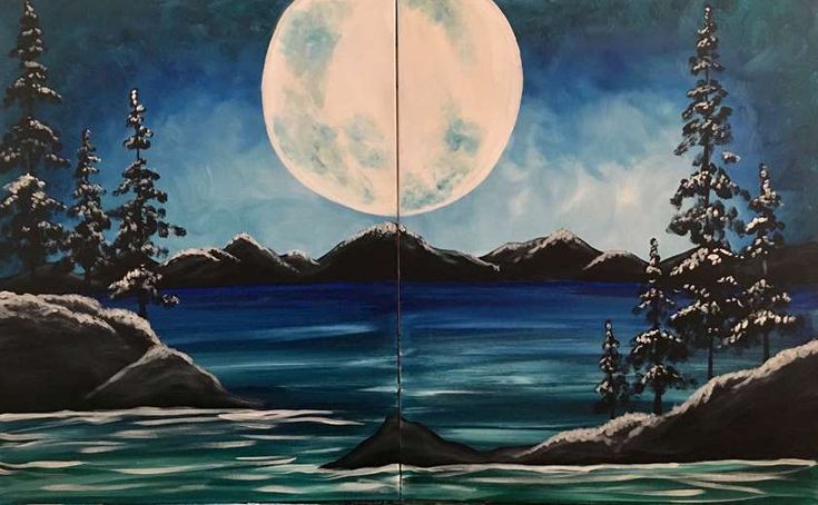 a painting of a full moon over a lake with trees in the foreground and snow on the ground