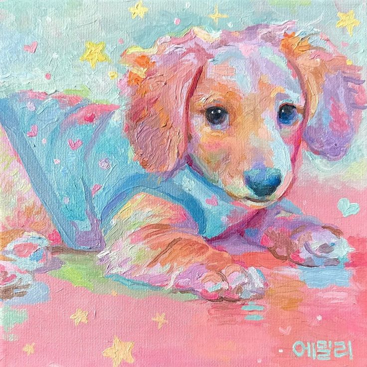 a pastel painting of a dog laying down on the ground with stars around it