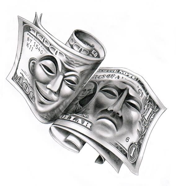 two masks on top of each other with money bill in the foreground and white background