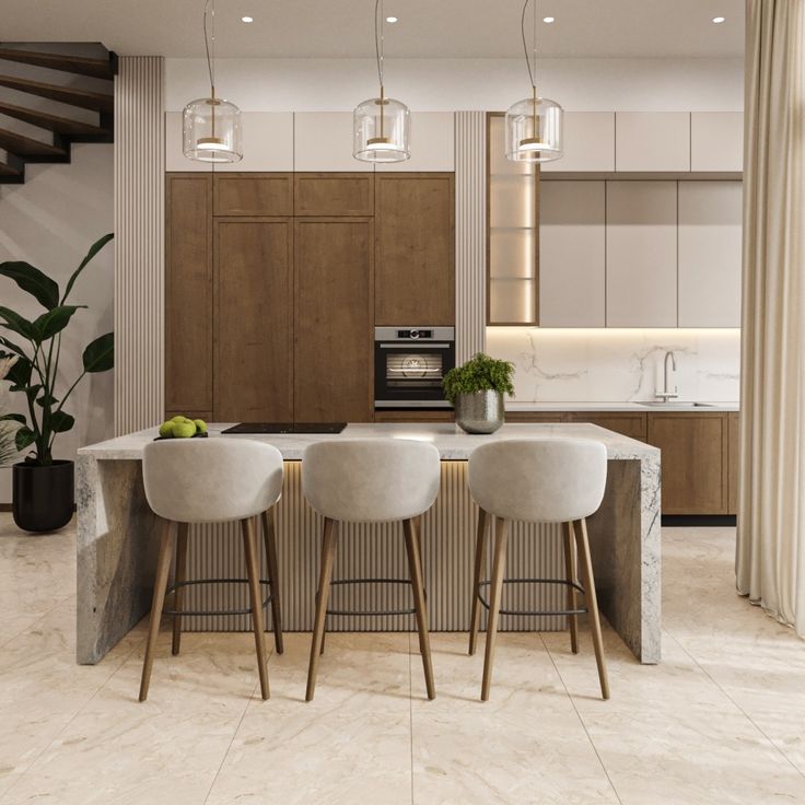 the kitchen is clean and ready to be used as a dining room or living room