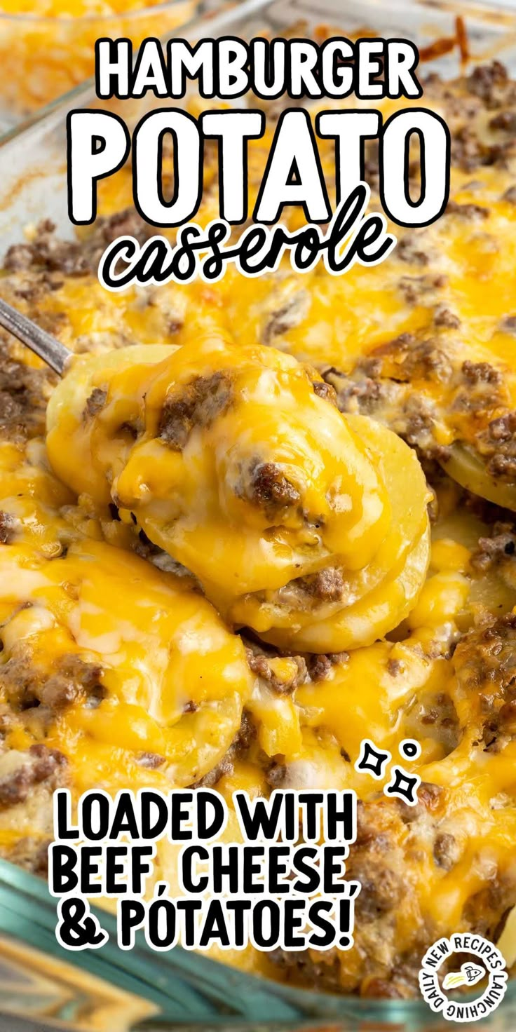 hamburger potato casserole loaded with beef, cheese and potatoes in a glass dish