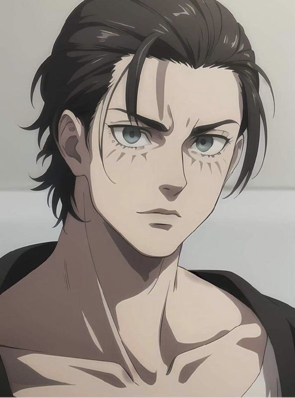 an anime character with black hair and blue eyes looks at the camera while staring straight ahead