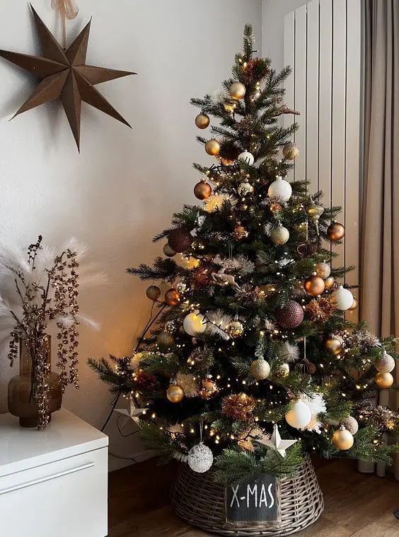 a decorated christmas tree in a basket on the floor