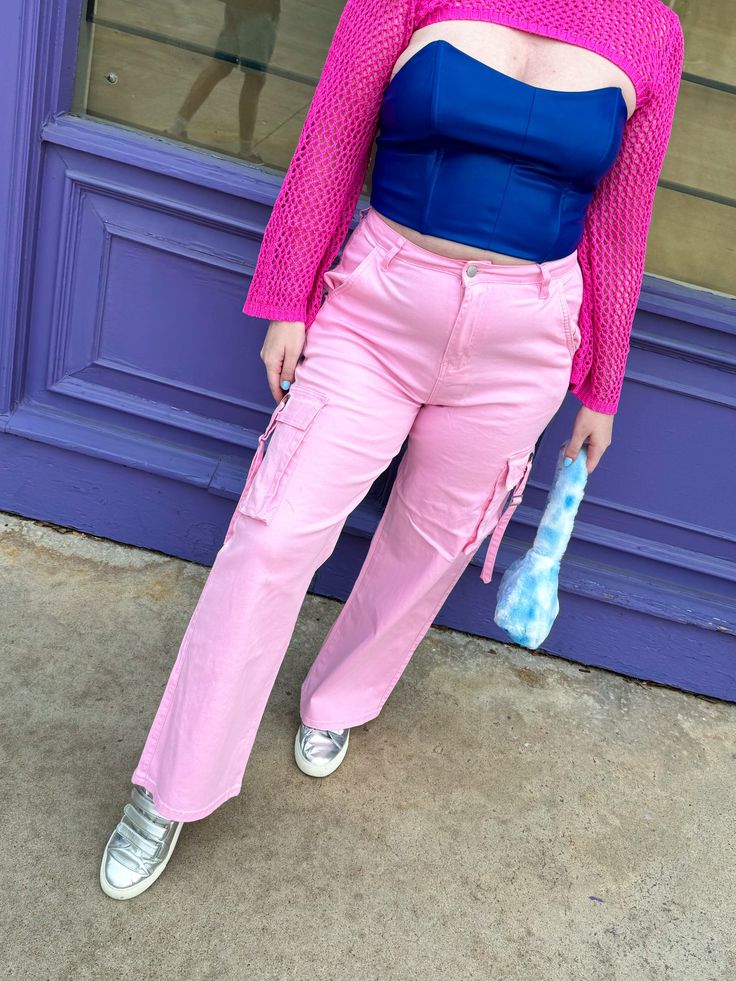 The pants that GO WITH EVERYTHING. Our Baby Pink Cargos are the perfect mix of cool-girl and girlie style. You will love these for their flattering high-waisted fit, cool pockets, and soft pink color. We paired ours with the Ombre Rainbow Mesh Top. The coolest cargos around Soft baby pink color They have POCKETS Flattering high-waisted fit Some stretch Cool girl energy incoming... True to size 97% Cotton 3%Spandex Kate is 5'9 wearing a large and typically wears a large. Haley is 5'3 and wears a Pink Y2k Bottoms For Spring, Pink Y2k Style Wide Leg Pants, Pink Wide Leg Y2k Pants, Y2k Pink Wide Leg Pants, Casual High Waist Pink Cargo Pants, Y2k Pink Wide Leg Bottoms, Pink Wide Leg Y2k Bottoms, Casual Pink Pants With Cargo Pockets, Y2k Pink Straight Leg Bottoms