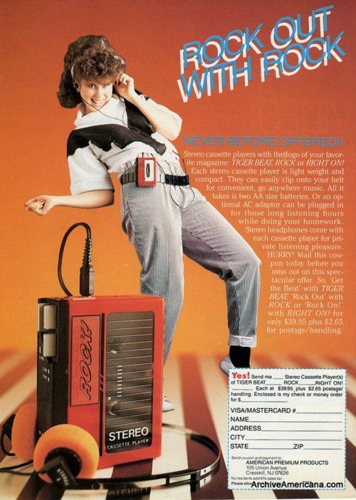 an advertisement for rock out with rock'n'roll radio, featuring a woman leaning on a boombox