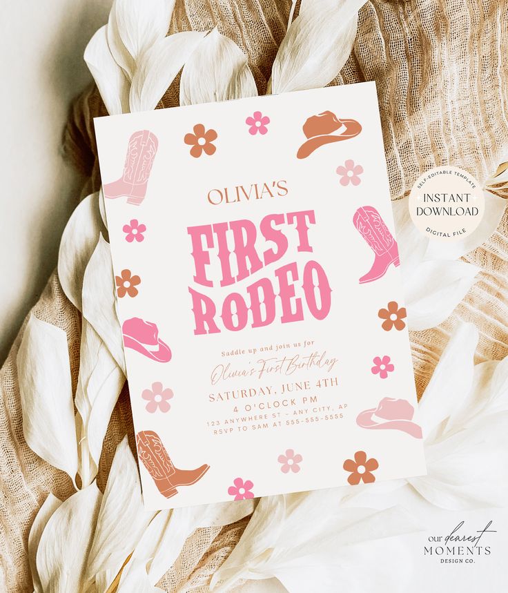 First Rodeo Invitation Girl 1st Birthday Party Themes, Cowgirl Themed First Birthday, Baby First Rodeo Party Girl, Babies First Rodeo Birthday, Baby First Rodeo Party, Girl First Rodeo Birthday Party, First Rodeo Birthday Invitations, Western Girl Birthday Party, Girl First Rodeo Birthday