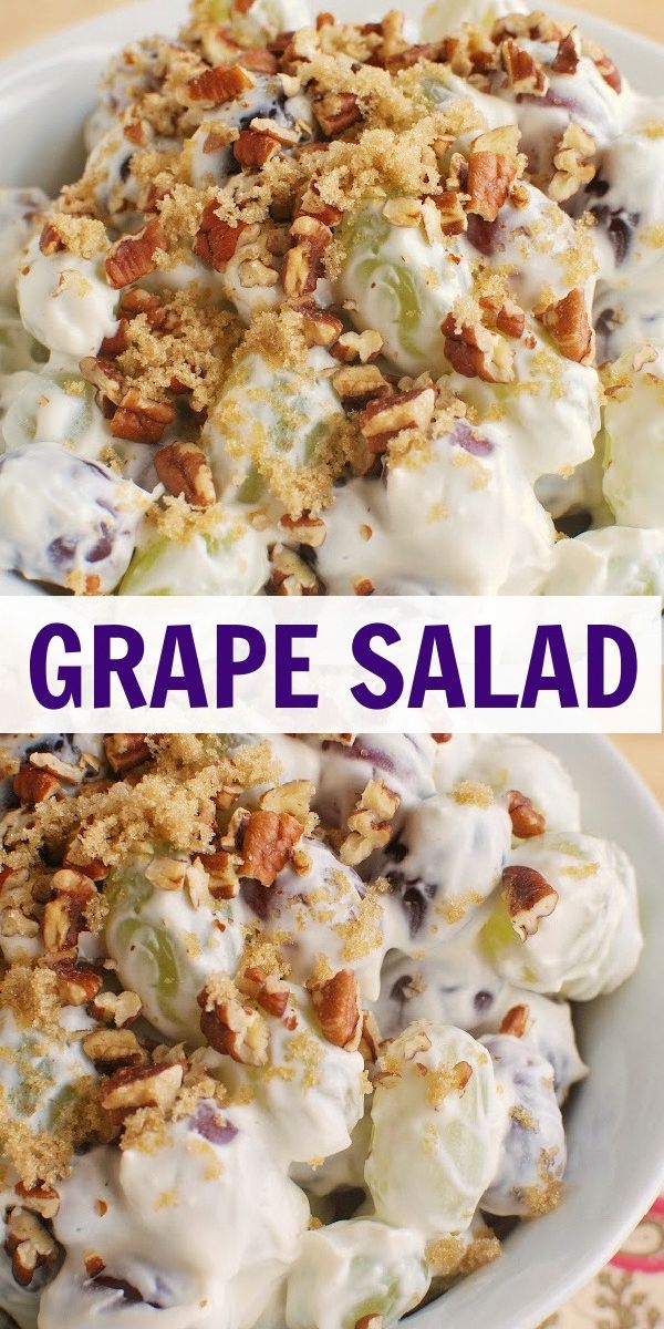 grapes salad in a white bowl on top of a table with the words grape salad above it