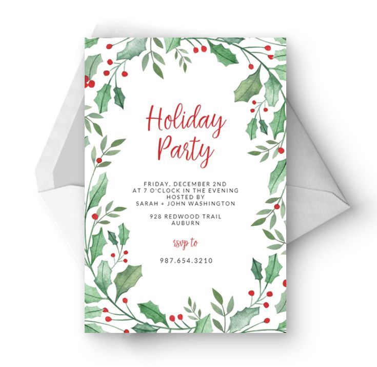 a holiday party card with holly leaves and red berries on the front, in watercolor