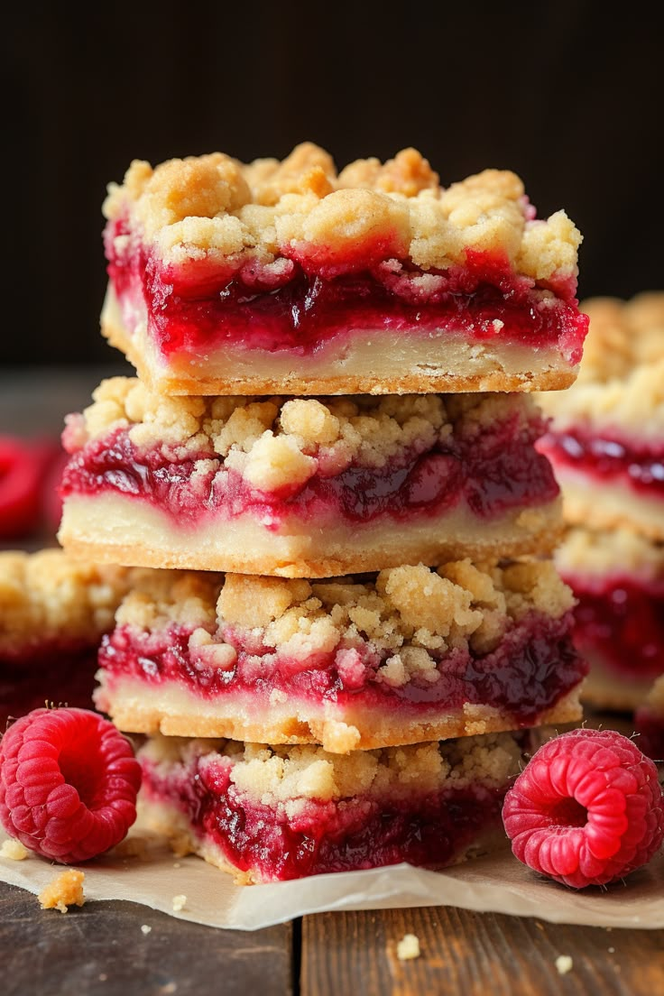 raspberry crumb bars stacked on top of each other with fresh raspberries