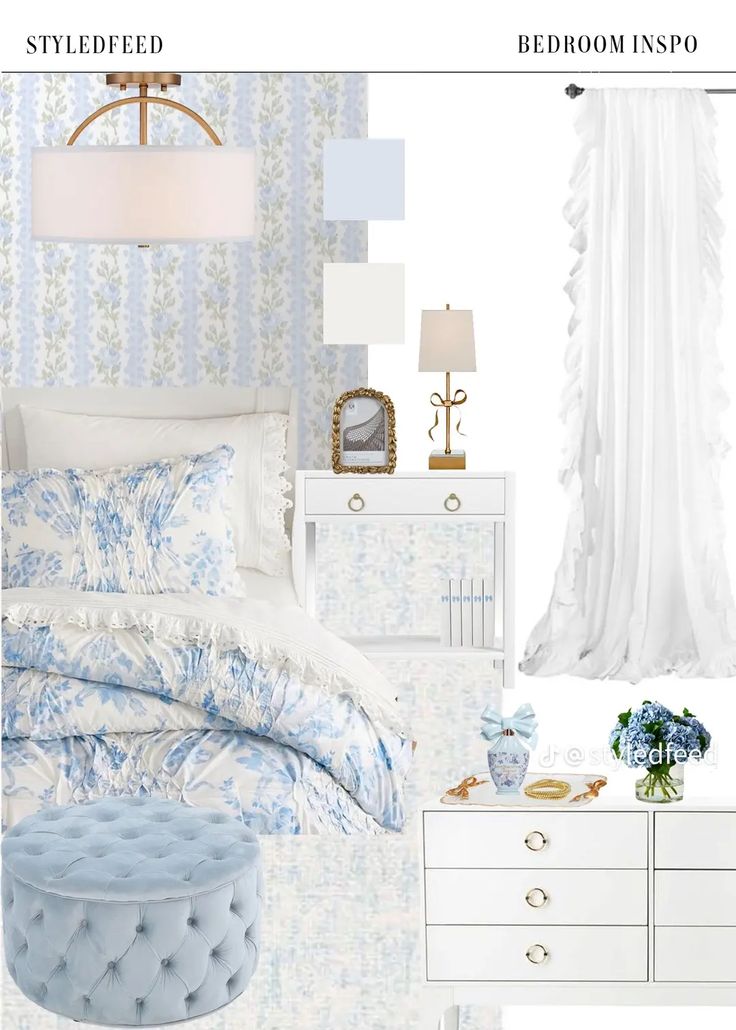 a bedroom with blue and white decor on the walls, bedding, dressers, lamps