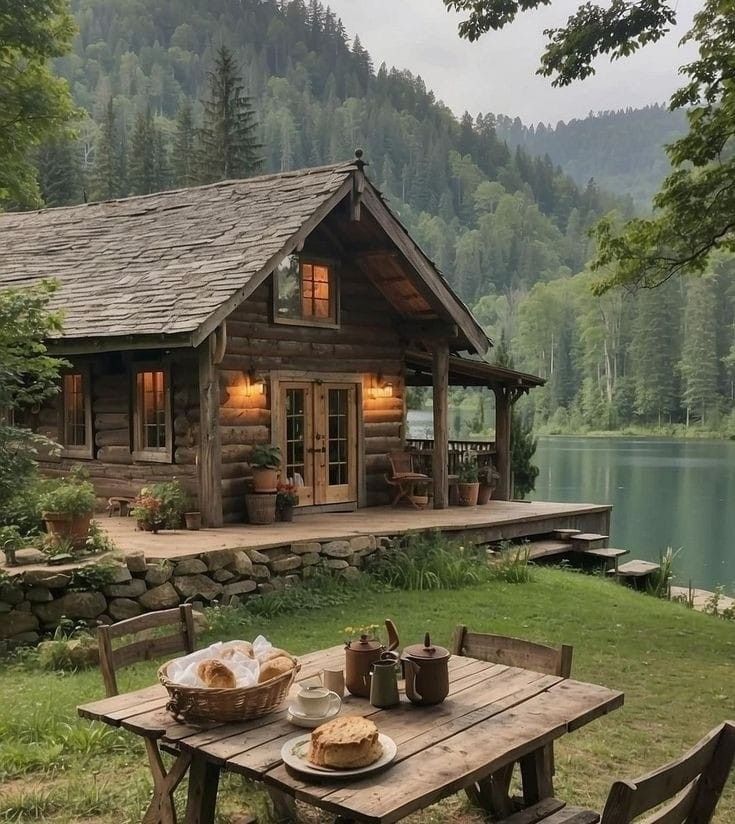 a picnic table with food on it in front of a log cabin by the water