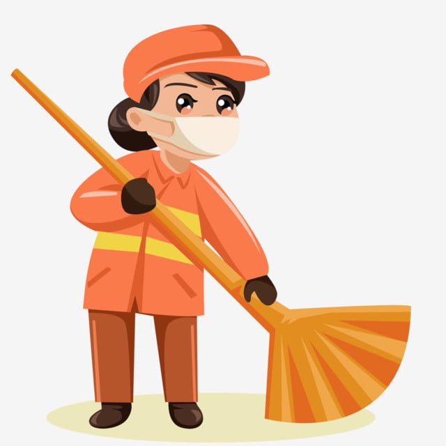 a person in an orange uniform is holding a broom and wearing a facemask