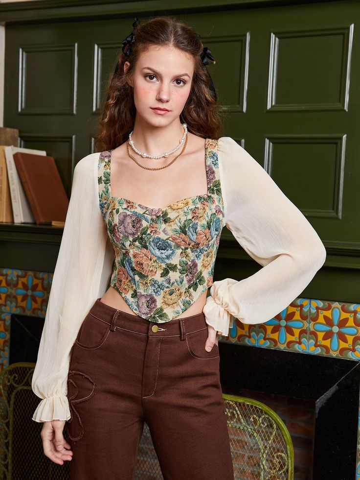 [AffiliateLink] Multicolor Boho Collar Long Sleeve Woven Fabric Floral Top Embellished Non-Stretch Women Tops, Blouses And Tee #floralblousedesignsforsaree Floral Corset Top Outfit, Flower Tops Outfit, Corset With Sleeves, Floral Blouse Outfit, Blouse Designs For Saree, Floral Blouse Designs, Floral Corset Top, Corset Fashion Outfits, Corset Blouse