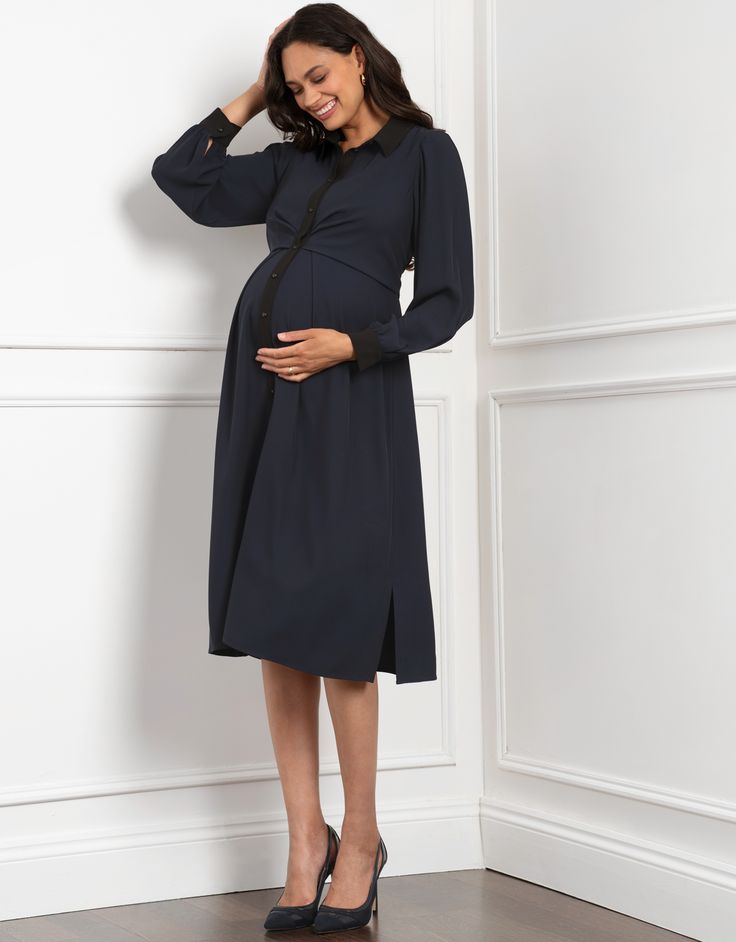 Button dress, nursing dress, shirt dress, jersey, maternity, maternity dress, collar, long sleeve, box pleat, midi, side slits, navy, vivian Navy Long Sleeve Midi Dress For Formal Occasions, Elegant Navy Button-up Dress, Fitted Long Sleeve Nursing-friendly Dress, Fitted Long Sleeve Nursing Friendly Dress, Long Sleeve Maternity Dress For Fall, Fall Maternity Long Sleeve Dresses, Chic Long Sleeve Maternity Dress For Fall, Elegant Maternity Midi Dress, Modest Long Sleeve Maternity Dress