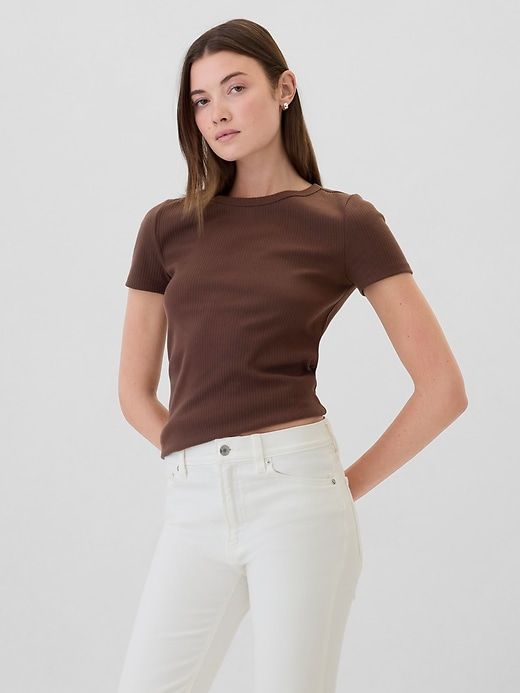 Ribbed Crewneck T-Shirt Fall T-shirt With Ribbed Neckline For Everyday, Fall T-shirt With Ribbed Neckline, Brown Short Sleeve Tops With Ribbed Collar, Everyday Ribbed Crew Neck Top, Relaxed Fit Ribbed Crew Neck Tops, Ribbed Crew Neck Top, Trendy Fall T-shirt With Ribbed Neckline, Trendy Ribbed Crew Neck Tops, Casual Fall T-shirt With Ribbed Collar