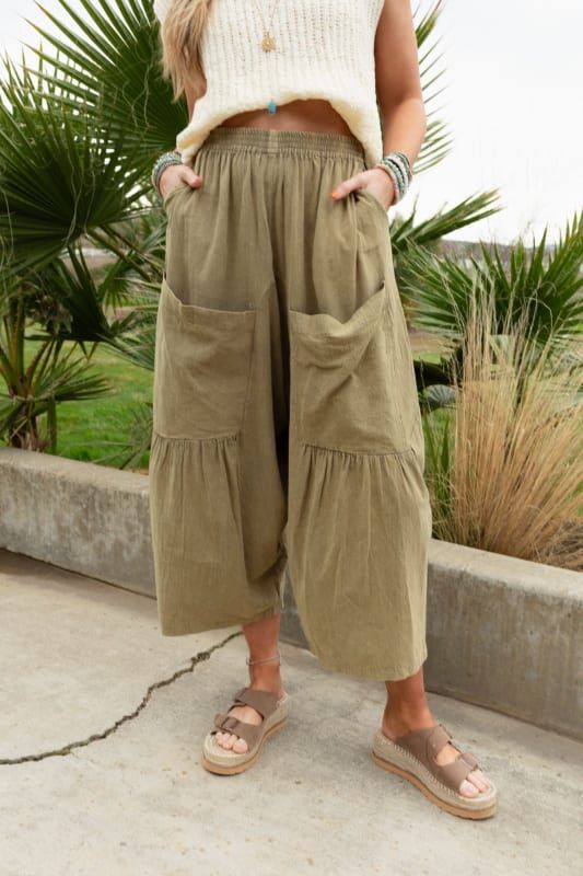 Country Mile Wide Leg Pants - Olive | Three Bird Nest Fall Wide Leg Bottoms For Casual Gatherings, Fall Casual Wide Leg Bottoms, Relaxed Fit Bottoms For Casual Fall Gatherings, Wide Leg Bottoms For Casual Gatherings In Fall, Wide Leg Bottoms For Fall Casual Gatherings, Fall Washed Bottoms For Loungewear, Relaxed Fit Washed Bottoms For Fall, Washed Bottoms For Loungewear In Fall, Relaxed Cargo Pants For Spring Loungewear