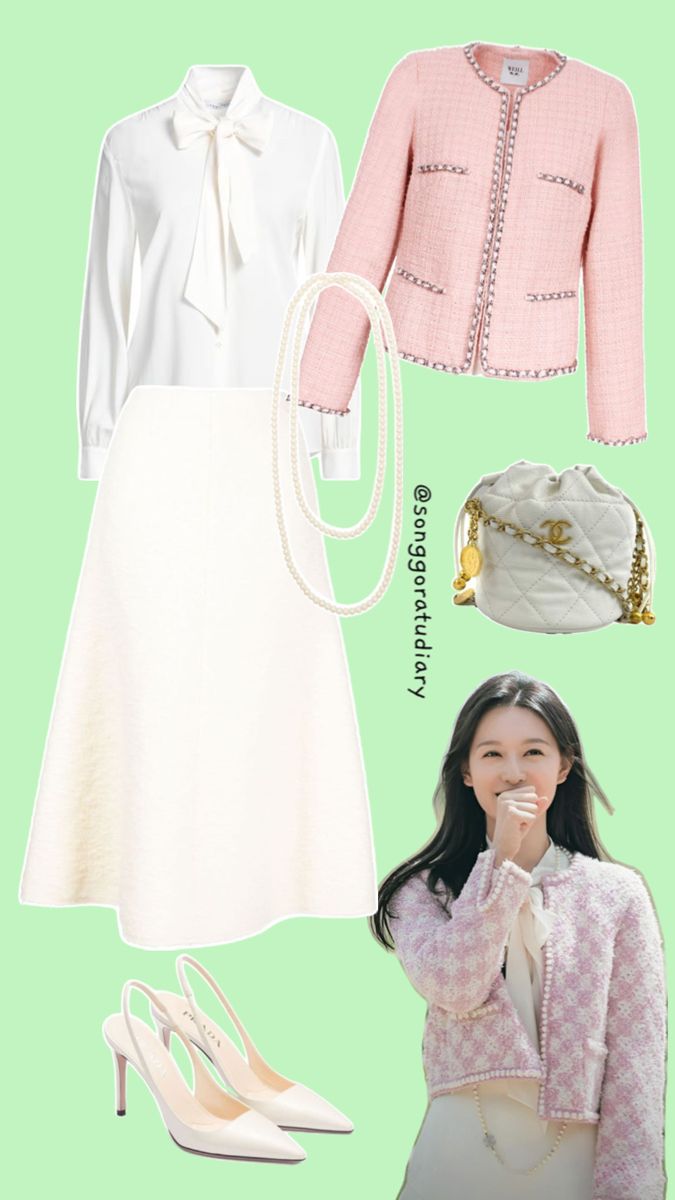 Hong Hae In Kim Ji Won Queen of Tears KDrama Inspired Outfit Pink Tweed Jacket White Shirt Skirt OOTD Pink Tweed Skirt Outfit, White Tweed Jacket Outfit, Tweed Skirt Outfit, Demure Outfit, Pink Tweed Skirt, Shirt Ootd, Tweed Jacket Outfit, Skirt Ootd, White Tweed Jacket