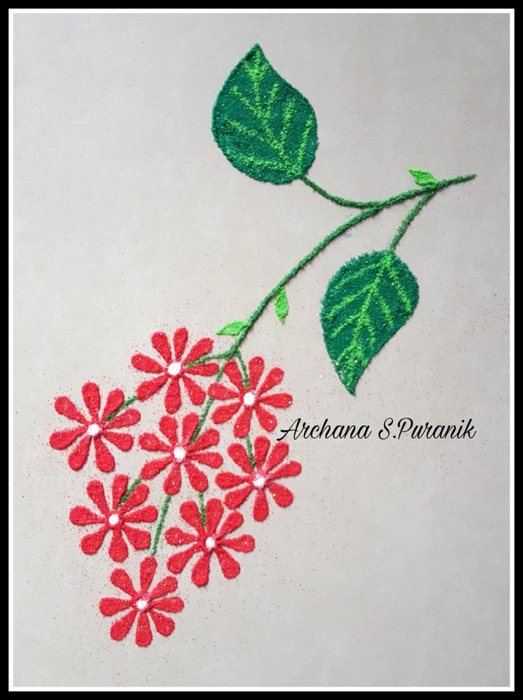 a red flower with green leaves is on a white surface and has been embroidered onto it