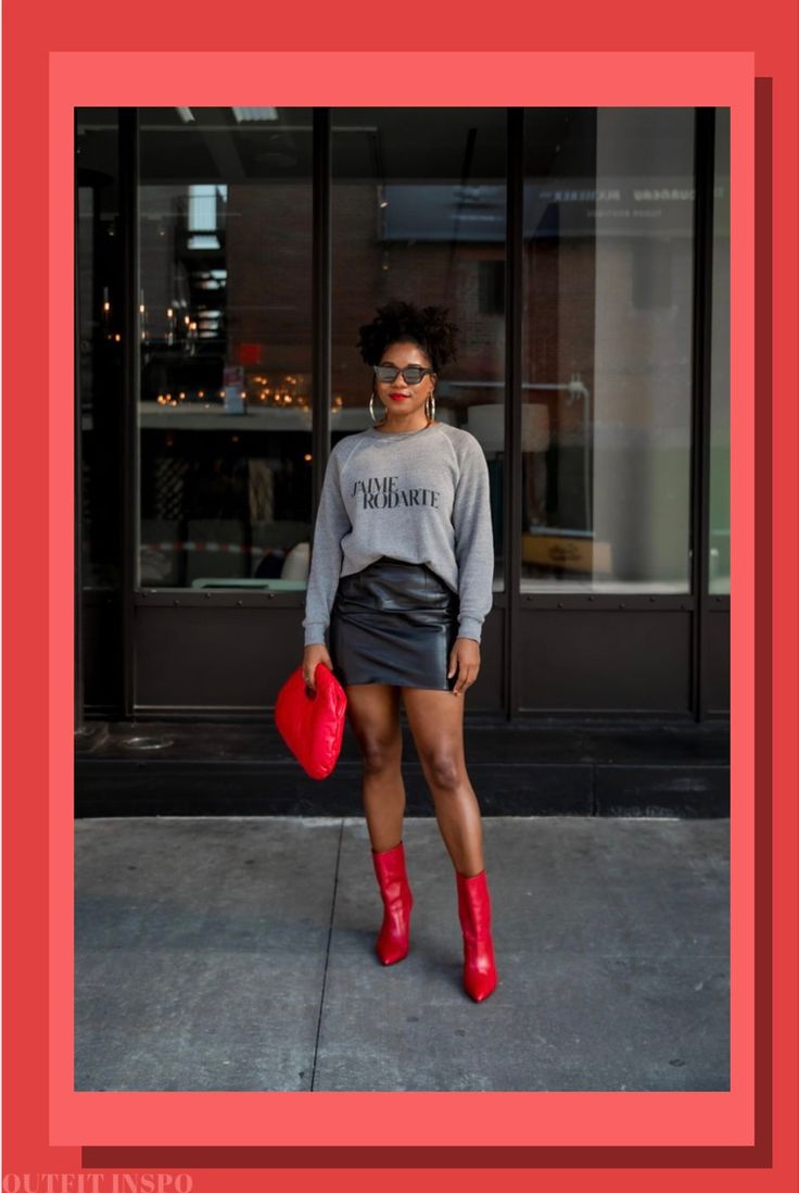 Mini Skirt And Sweatshirt Outfit, Skirt And Sweatshirt Outfit, Red Mini Skirt Outfit, Skirt With Cowboy Boots, Leather Skirt Outfit, Black Leather Skirt, Red Mini Skirt, Cold Outfits, Metallic Skirt