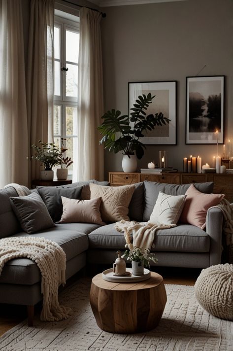 a living room filled with lots of furniture next to a window covered in candles and blankets