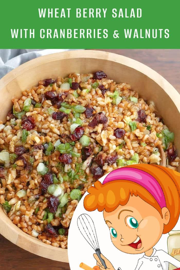 a bowl filled with rice, cranberries and walnuts next to a cartoon character