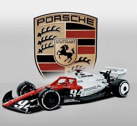 a red and white race car sitting in front of a porsche logo on a gray background