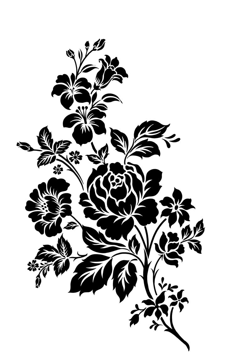 a black and white drawing of flowers on a white background