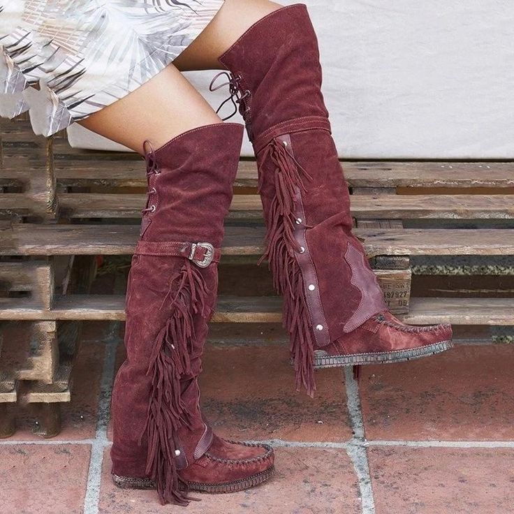 Knee High Boots Winter, Heel Knee High Boots, Popular Boots, Boho Boots, Winter Fashion Boots, Zipper Heels, Canvas Boots, Suede Tassel, Fringe Boots