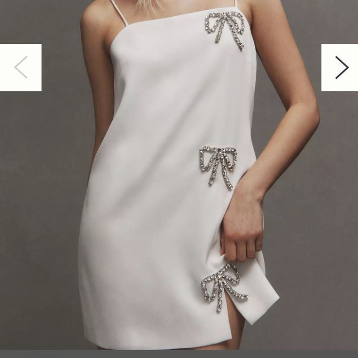 Brand New From Anthropologie! No Longer Available On The Site, Offers Welcome. Bow Mini Dress, Beaded Bow, Little White Dress, Wedding Rehearsal, Stretch Crepe, Little White Dresses, Square Neck, Dress Making, Color Coding